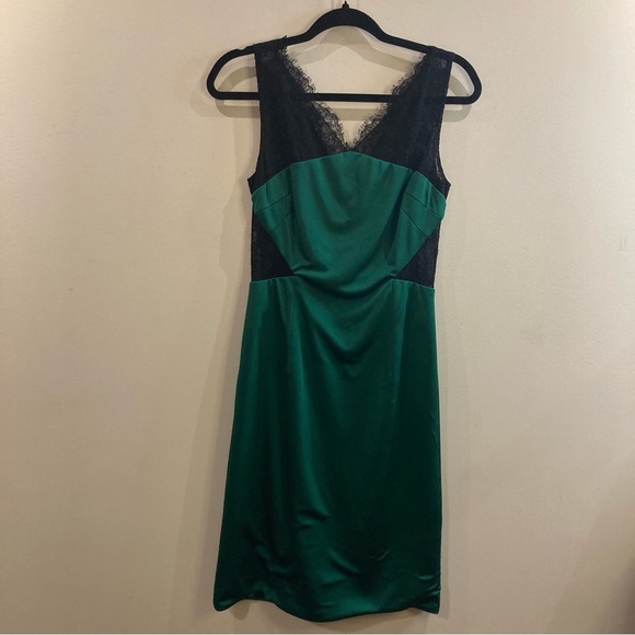 MONIQUE LHULLIER Sz 2 (estimated) Green Sheen Black Lace Top & Side Party Dress - Picture 2 of 11